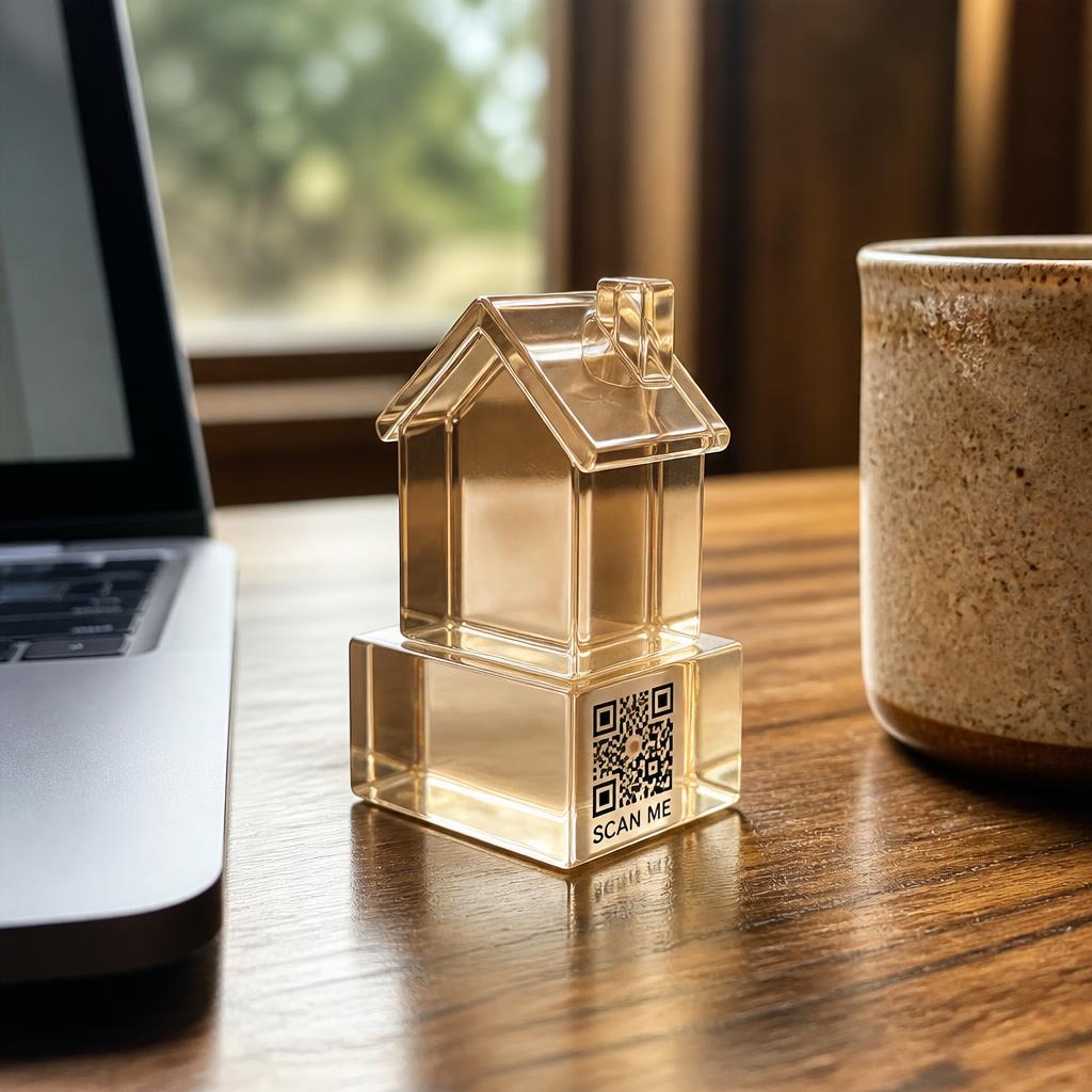 A single miniature figurine with a QR base sitting on a tidy desk beside a keyboard
