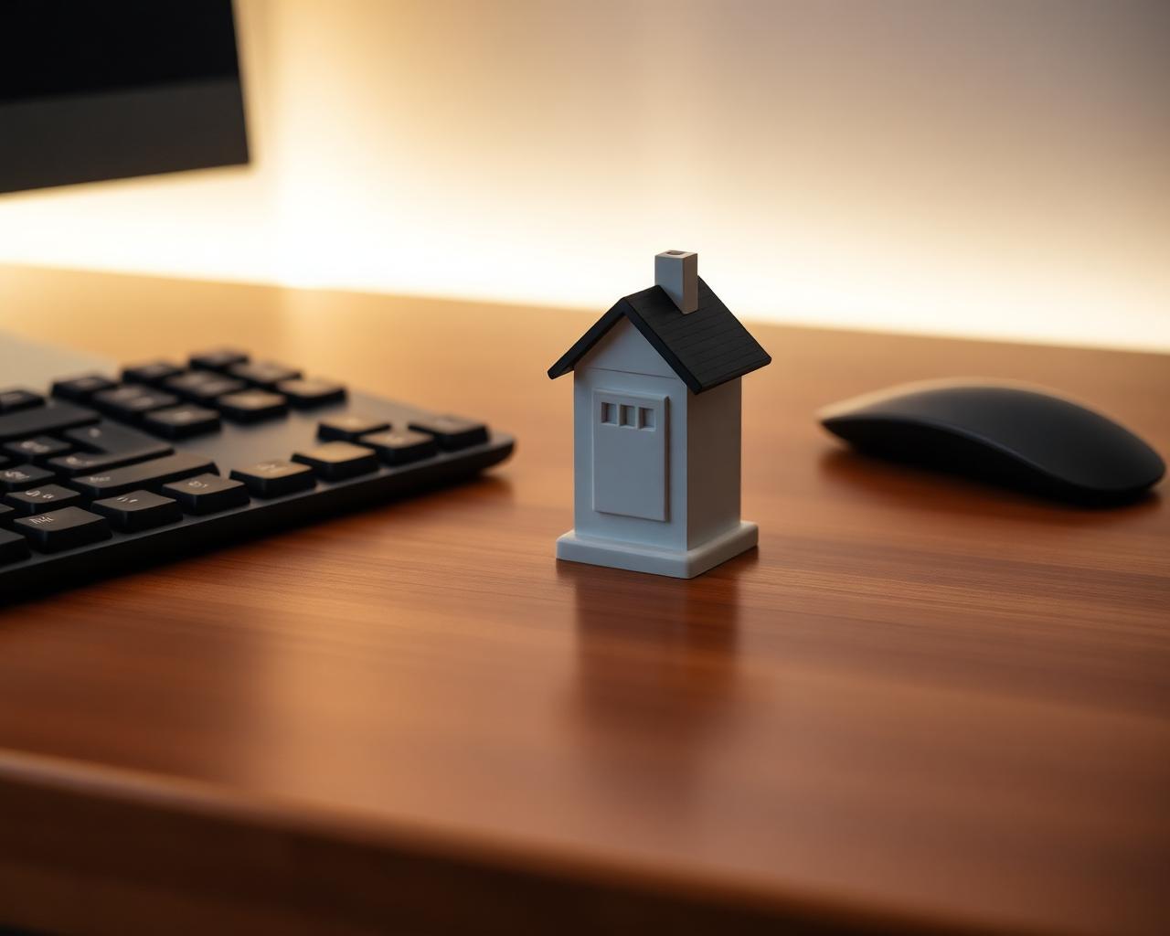 A single tiny miniature sitting on a tidy desk beside a keyboard
