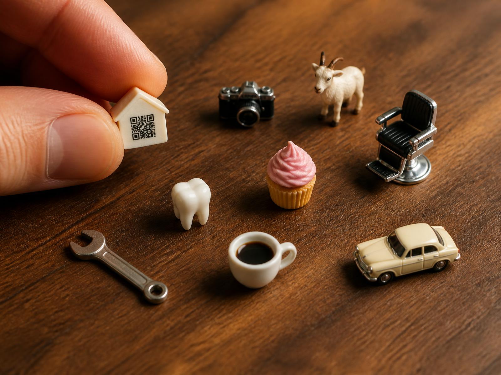 A collection of tiny miniature business objects sitting directly on a walnut desk, with a hand turning one over to reveal a small QR code underneath
