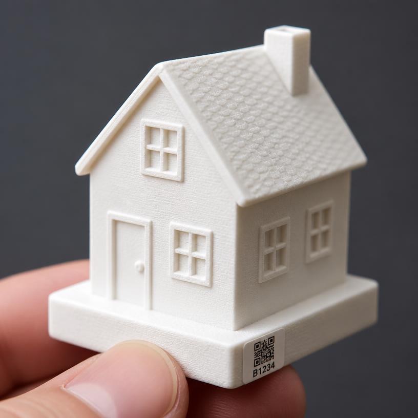 Matte plastic finish shown on a miniature house with a QR base