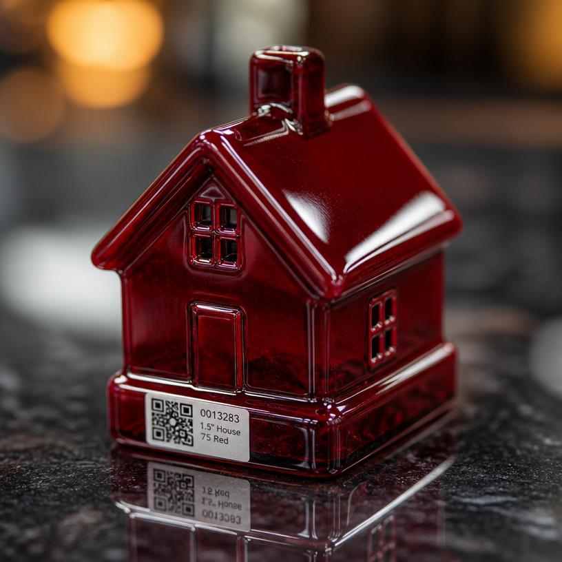 Polished color finish shown on a miniature house with a QR base