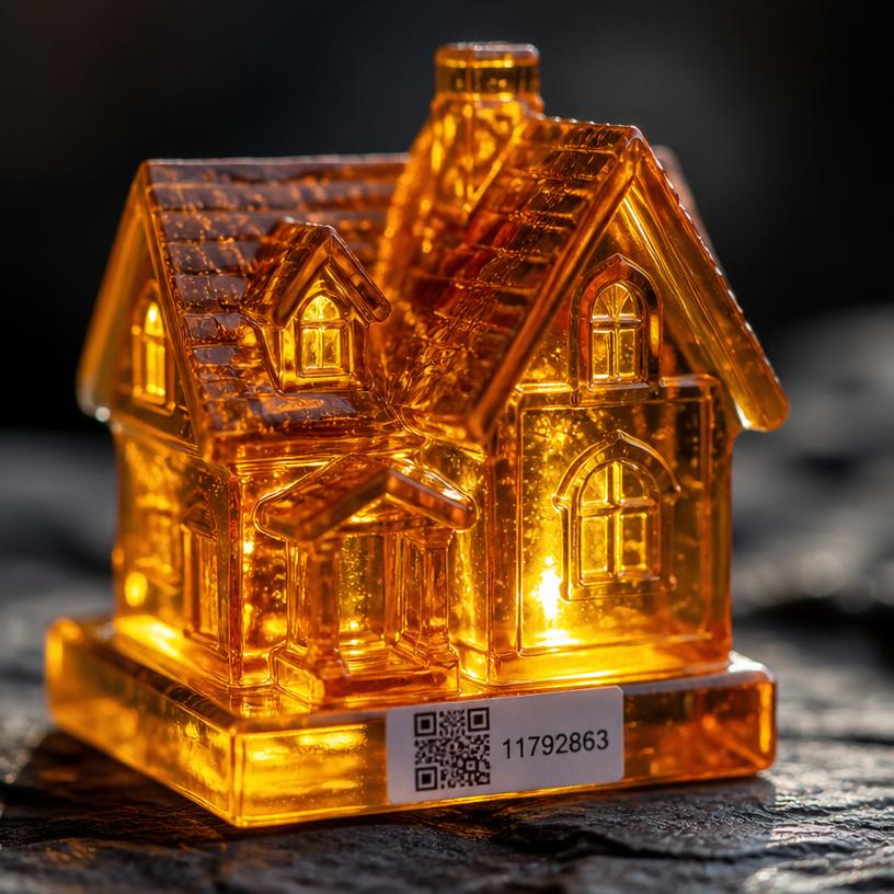 Translucent resin finish shown on a miniature house with a QR base