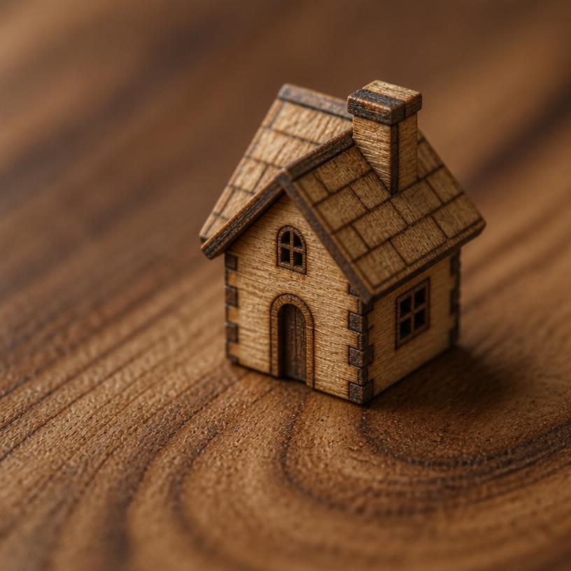 Wood-look finish shown on a tiny freestanding miniature house