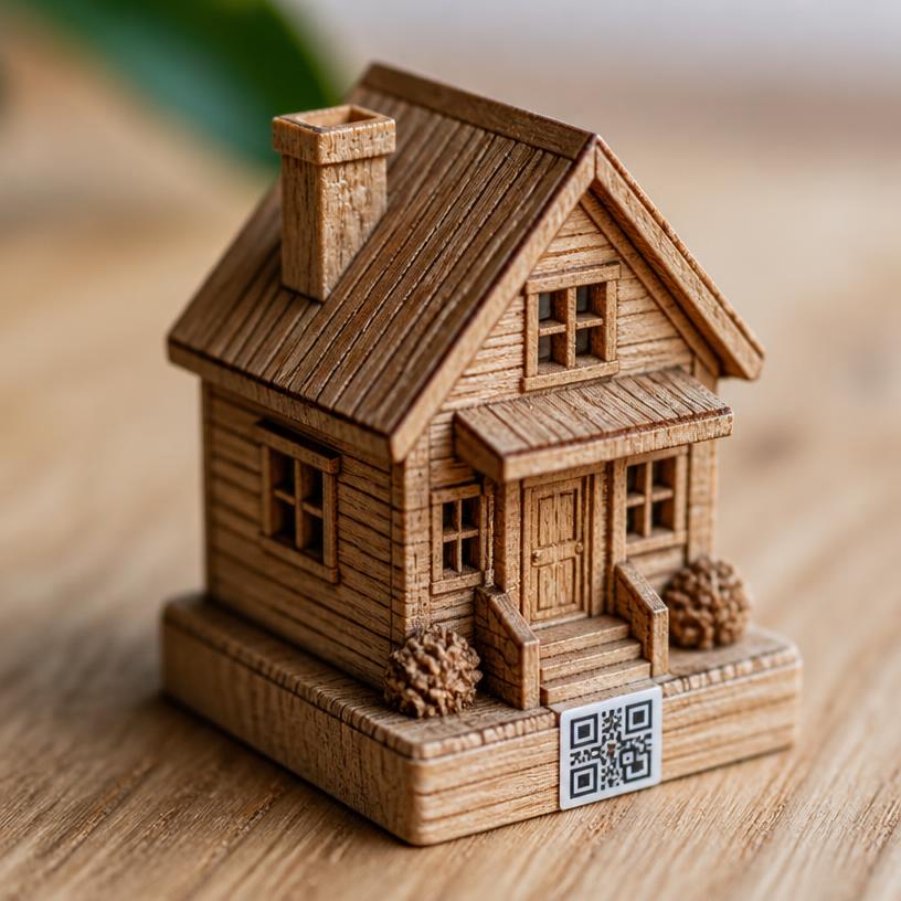 Wood-look finish shown on a miniature house with a QR base