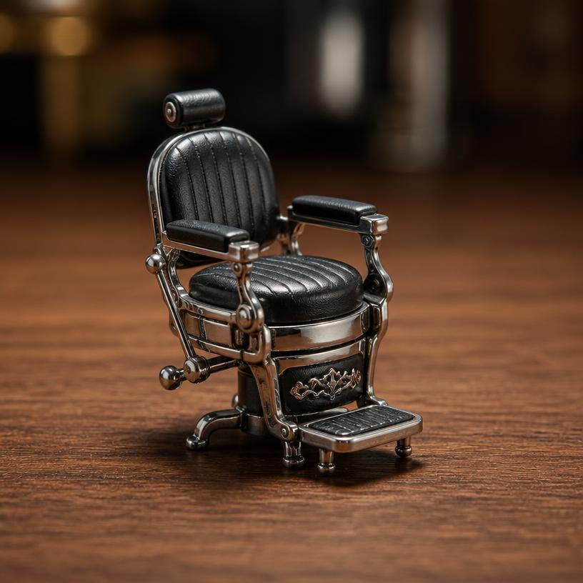 Miniature barber chair — a tiny freestanding Scanature with the QR code hidden on its underside