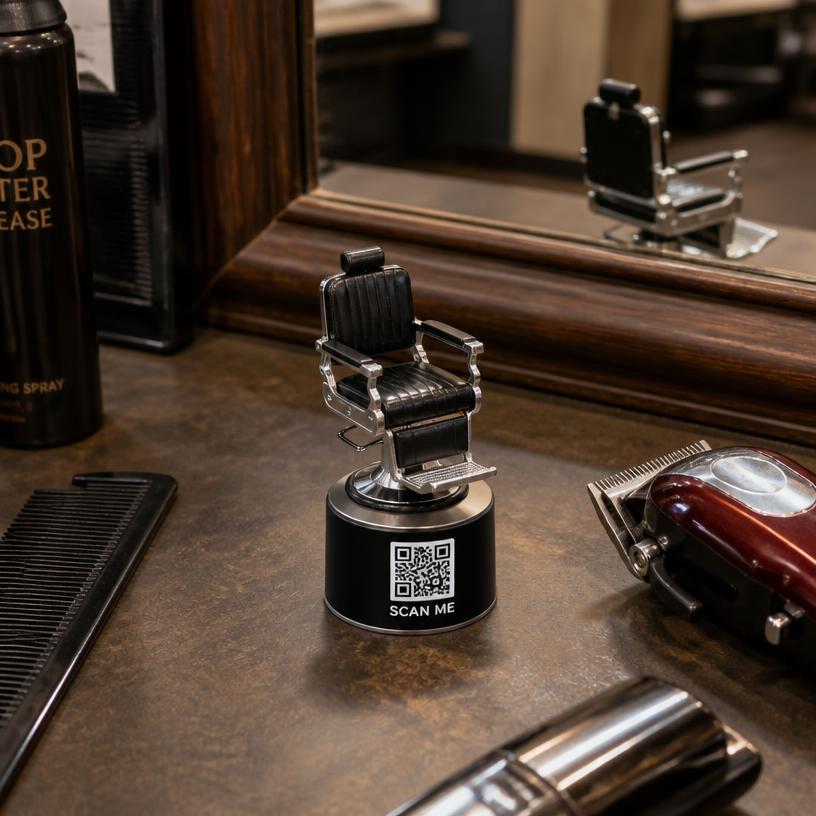 Miniature barber chair with a SCAN ME QR base