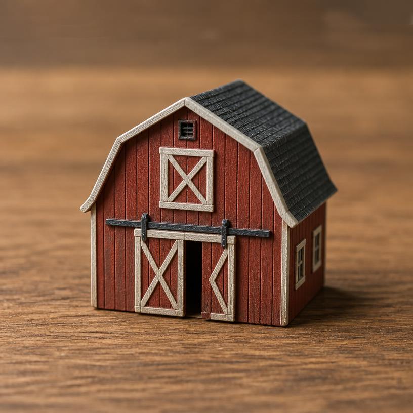 Miniature barn — a tiny freestanding Scanature with the QR code hidden on its underside
