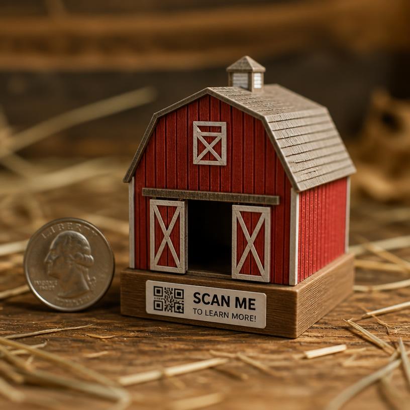 Miniature barn with a SCAN ME QR base