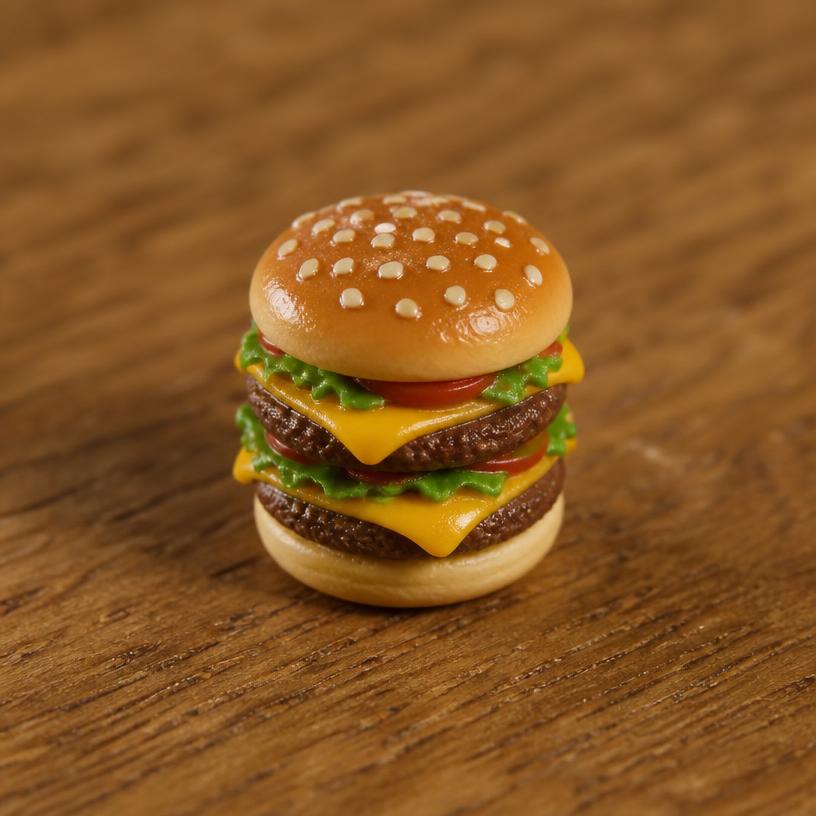 Miniature burger — a tiny freestanding Scanature with the QR code hidden on its underside