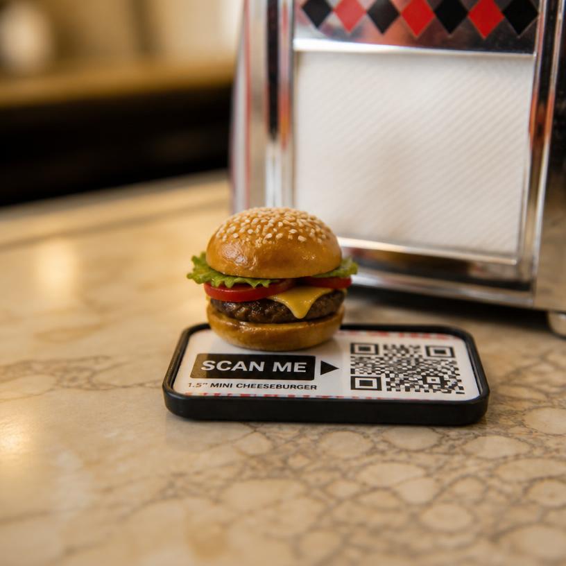 Miniature burger with a SCAN ME QR base