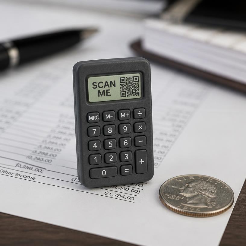 Miniature calculator with a SCAN ME QR base