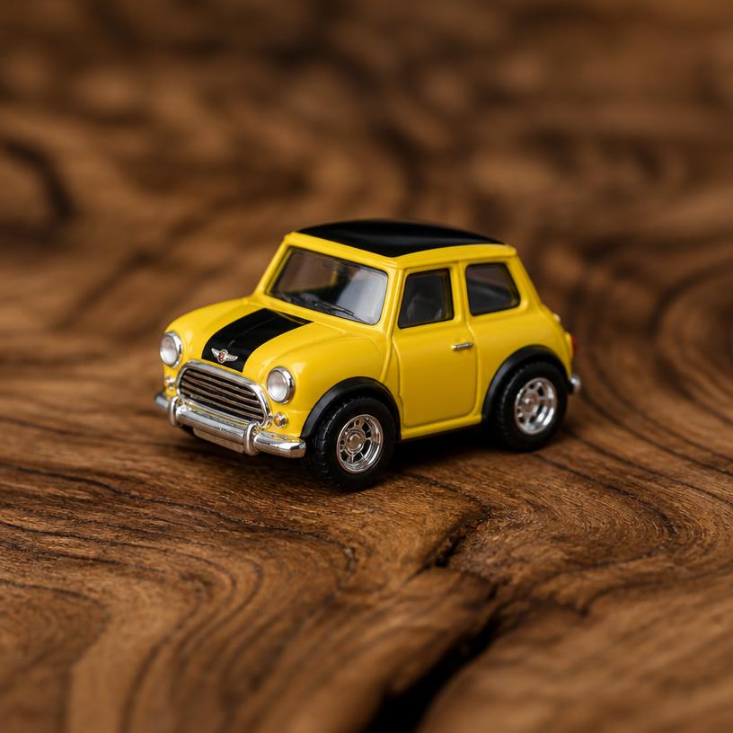 Miniature car — a tiny freestanding Scanature with the QR code hidden on its underside