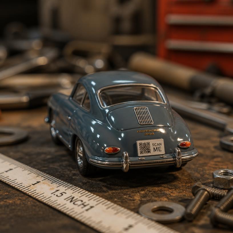 Miniature car with a SCAN ME QR base