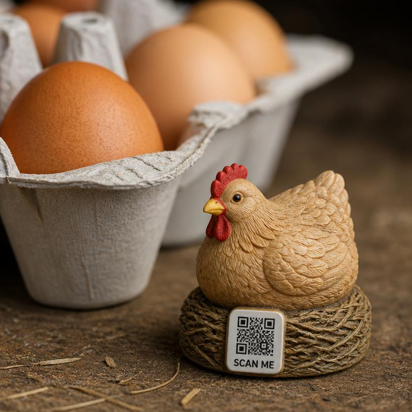 Miniature chicken with a SCAN ME QR base