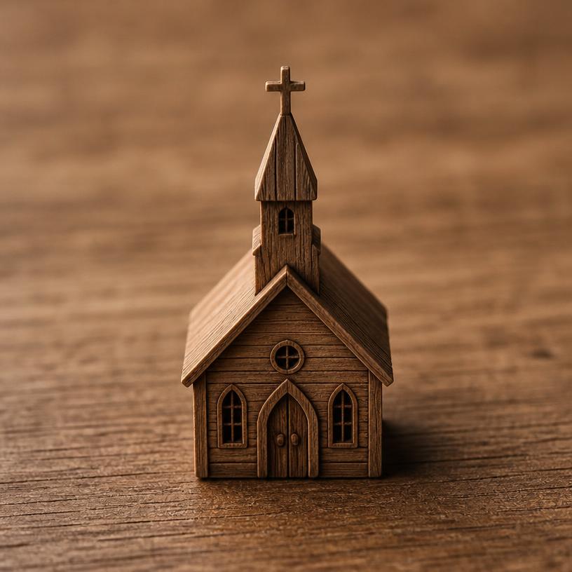 Miniature church — a tiny freestanding Scanature with the QR code hidden on its underside