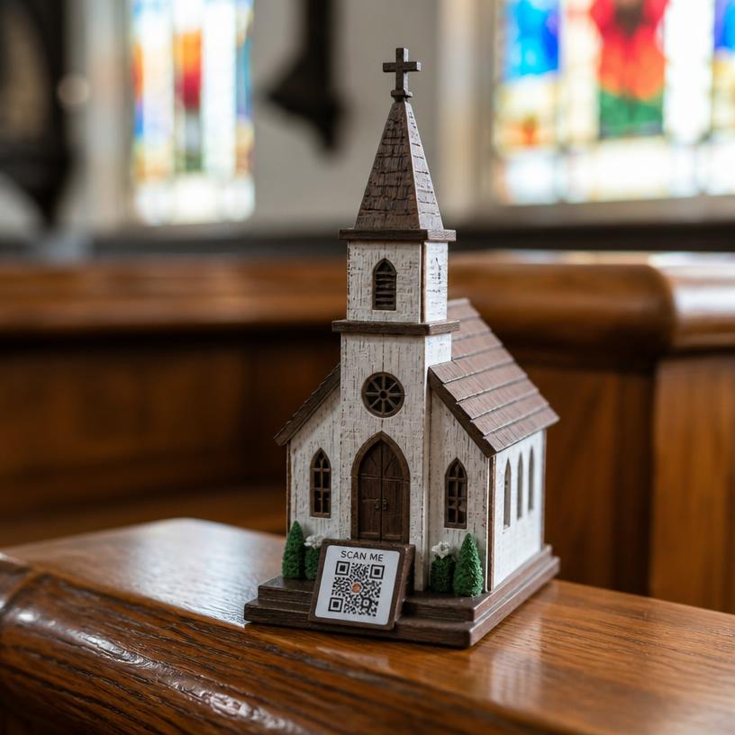 Miniature church with a SCAN ME QR base