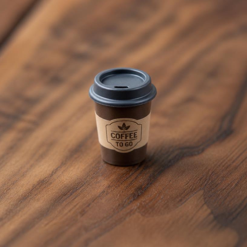 Miniature coffee cup — a tiny freestanding Scanature with the QR code hidden on its underside