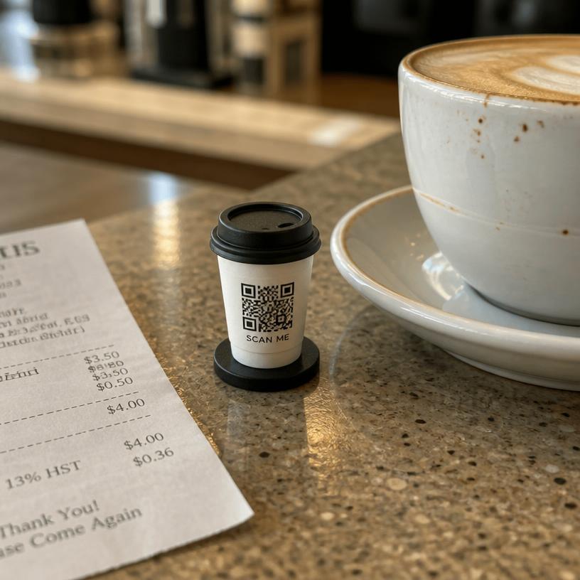 Miniature coffee cup with a SCAN ME QR base
