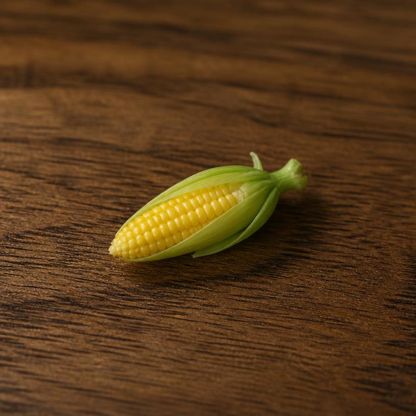 Miniature corn cob — a tiny freestanding Scanature with the QR code hidden on its underside
