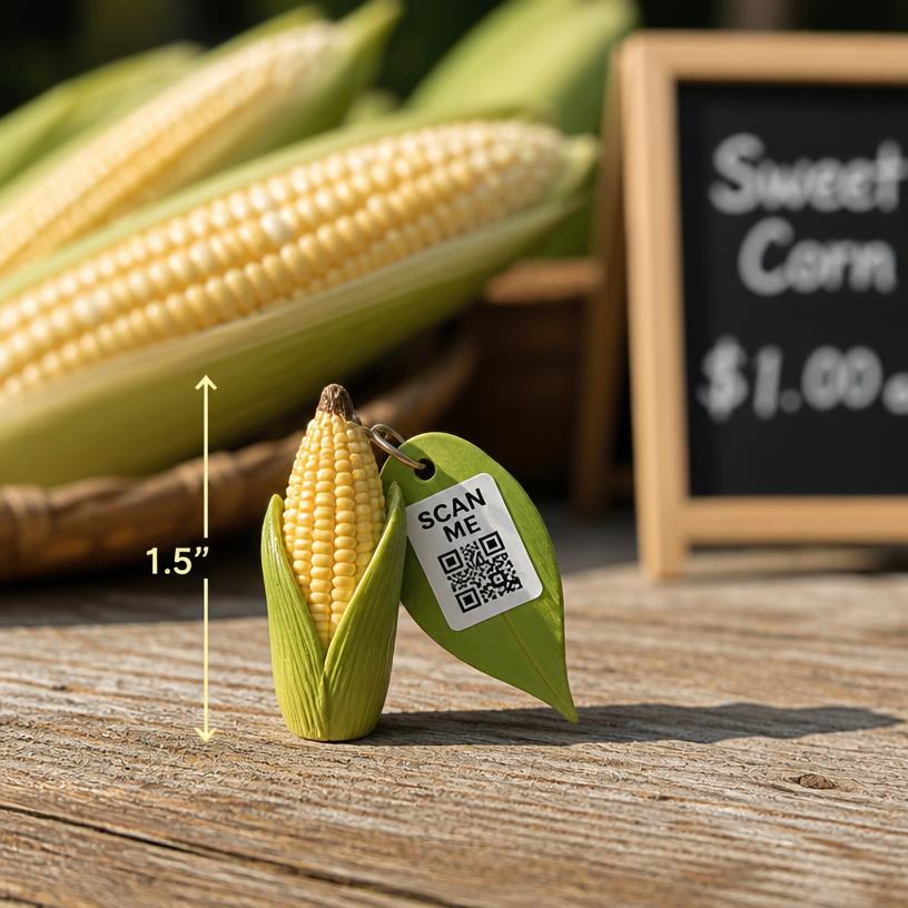 Miniature corn cob with a SCAN ME QR base