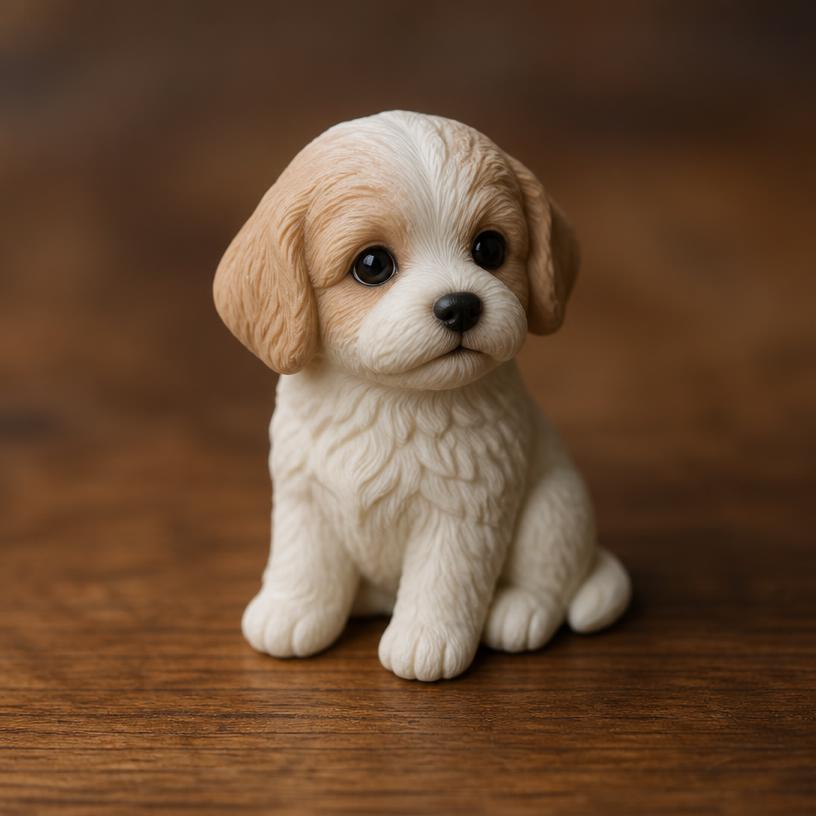 Miniature dog — a tiny freestanding Scanature with the QR code hidden on its underside