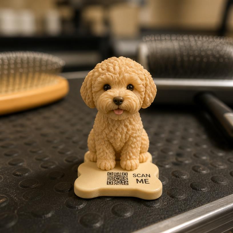 Miniature dog with a SCAN ME QR base