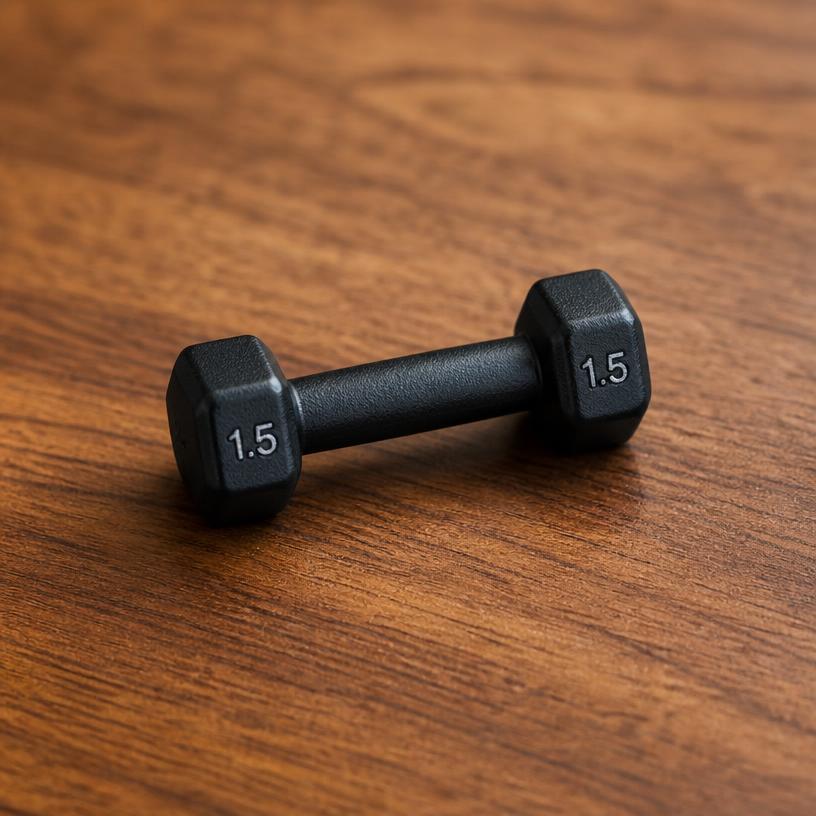 Miniature dumbbell — a tiny freestanding Scanature with the QR code hidden on its underside