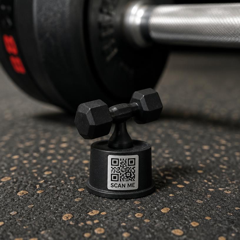 Miniature dumbbell with a SCAN ME QR base