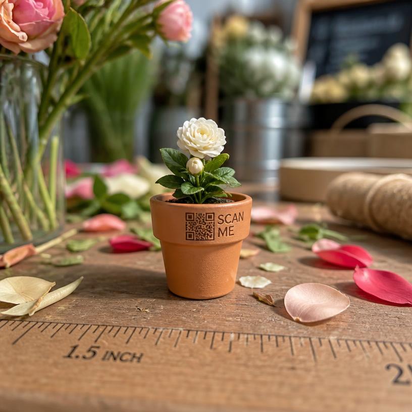 Miniature flower pot with a SCAN ME QR base