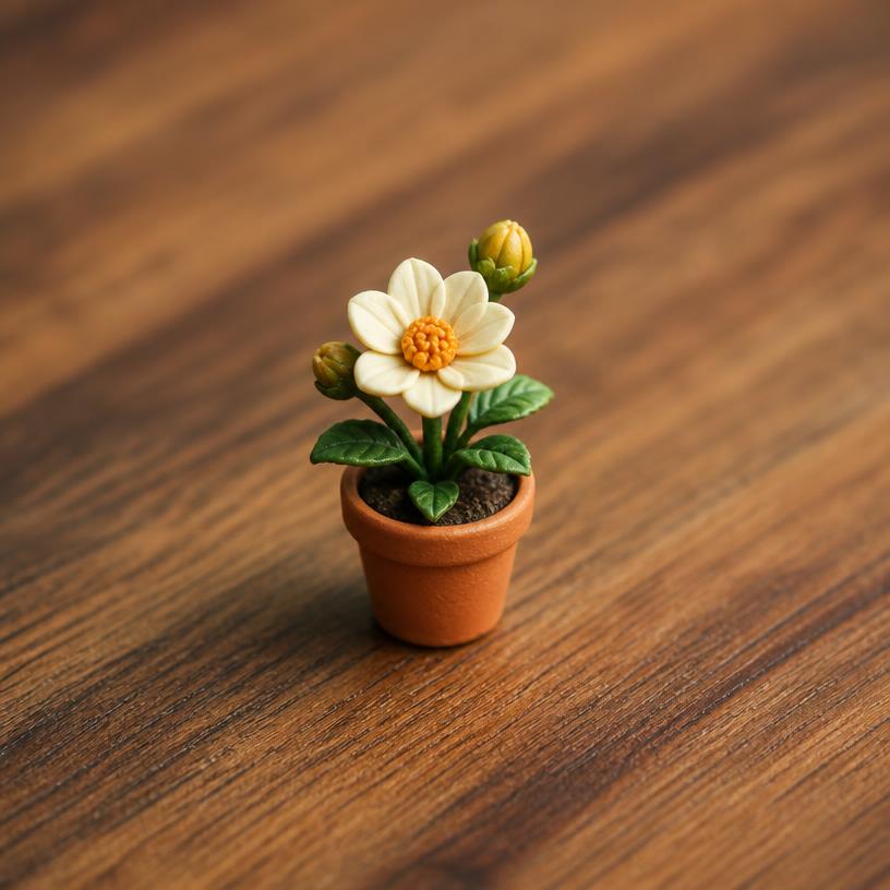 Miniature flower pot — a tiny freestanding Scanature with the QR code hidden on its underside