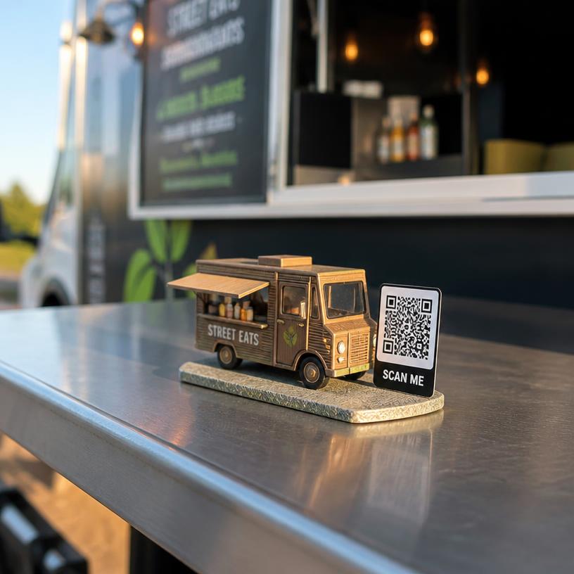 Miniature food truck with a SCAN ME QR base