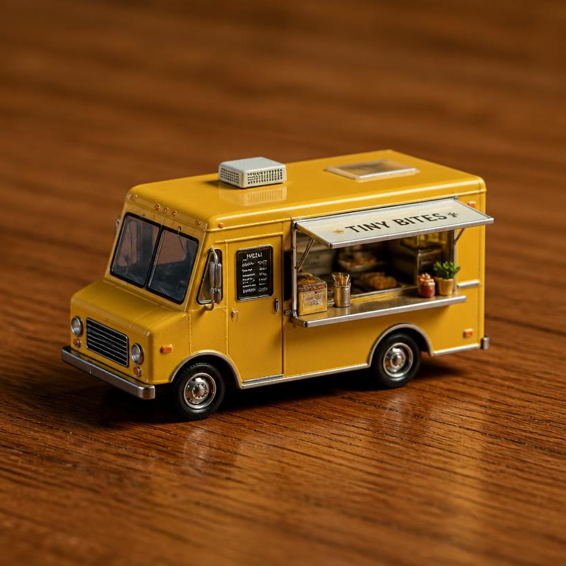 Miniature food truck — a tiny freestanding Scanature with the QR code hidden on its underside
