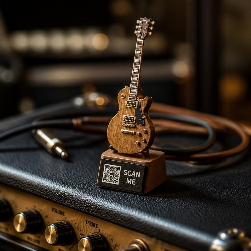 Miniature guitar with a SCAN ME QR base
