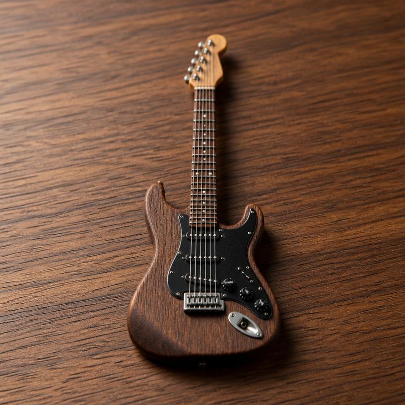 Miniature guitar — a tiny freestanding Scanature with the QR code hidden on its underside
