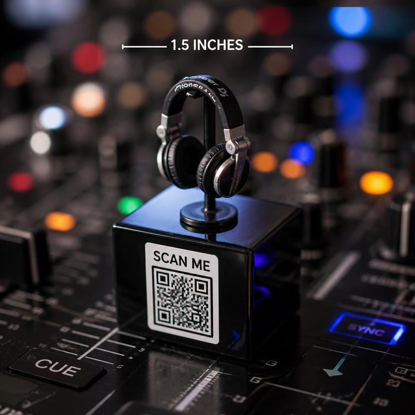Miniature headphones with a SCAN ME QR base