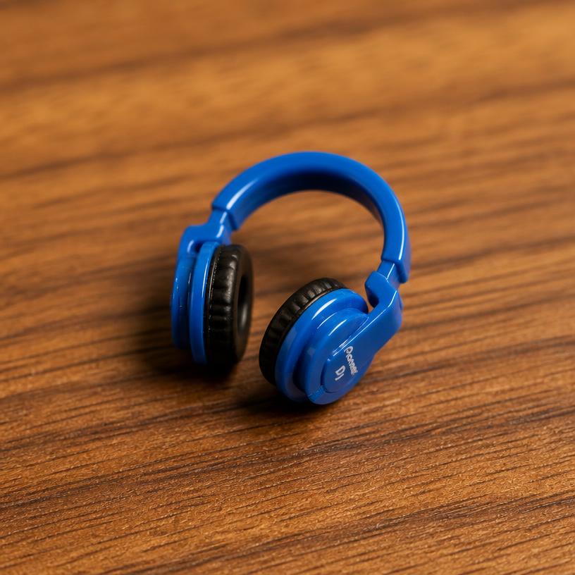 Miniature headphones — a tiny freestanding Scanature with the QR code hidden on its underside