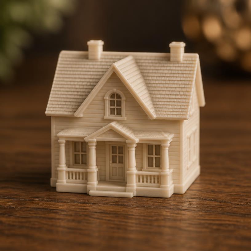 Miniature house — a tiny freestanding Scanature with the QR code hidden on its underside