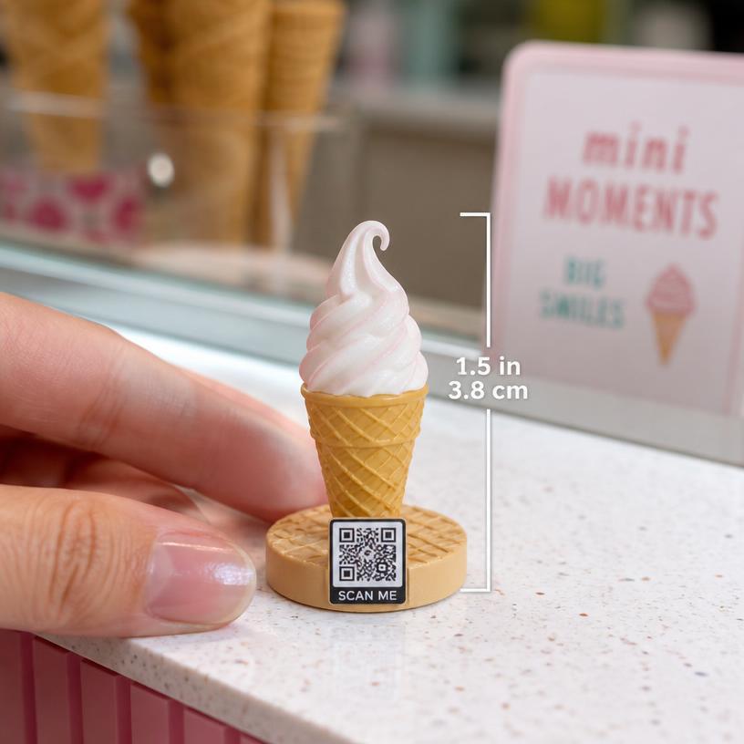 Miniature ice cream cone with a SCAN ME QR base