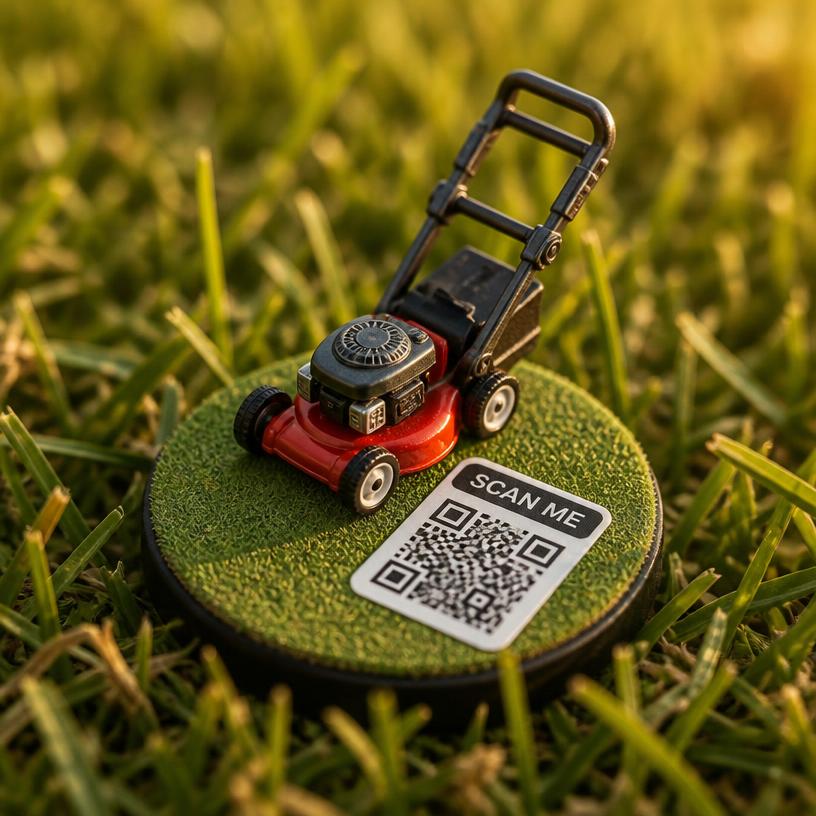 Miniature lawn mower with a SCAN ME QR base