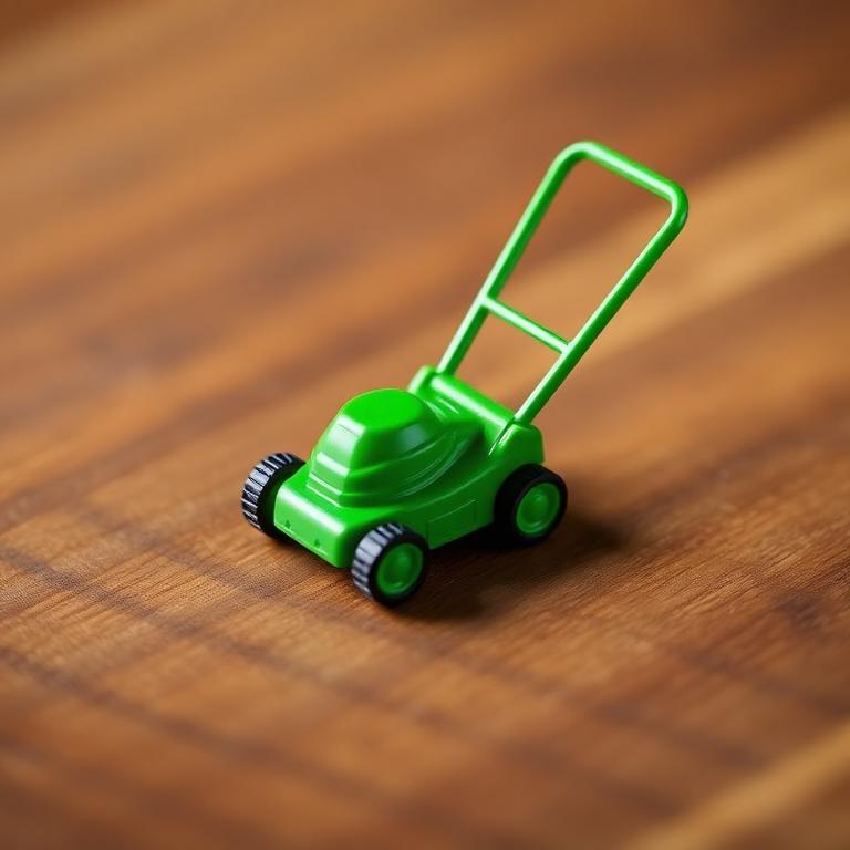 Miniature lawn mower — a tiny freestanding Scanature with the QR code hidden on its underside