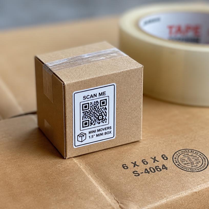 Miniature moving box with a SCAN ME QR base
