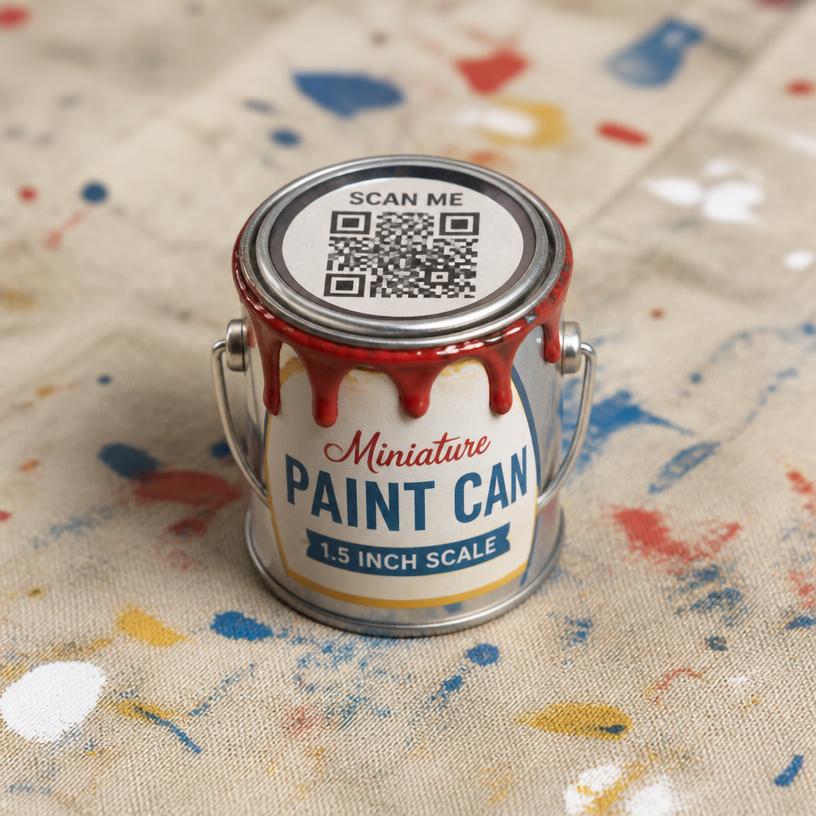 Miniature paint can with a SCAN ME QR base