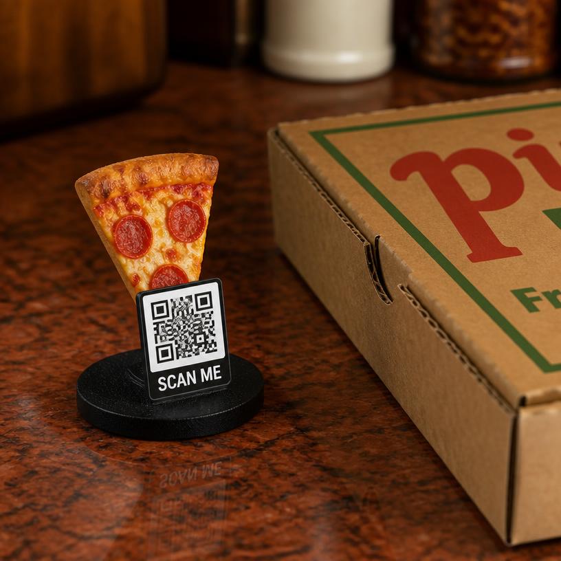 Miniature pizza slice with a SCAN ME QR base