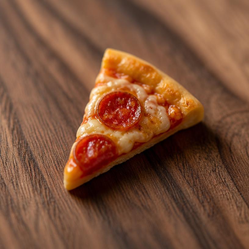 Miniature pizza slice — a tiny freestanding Scanature with the QR code hidden on its underside