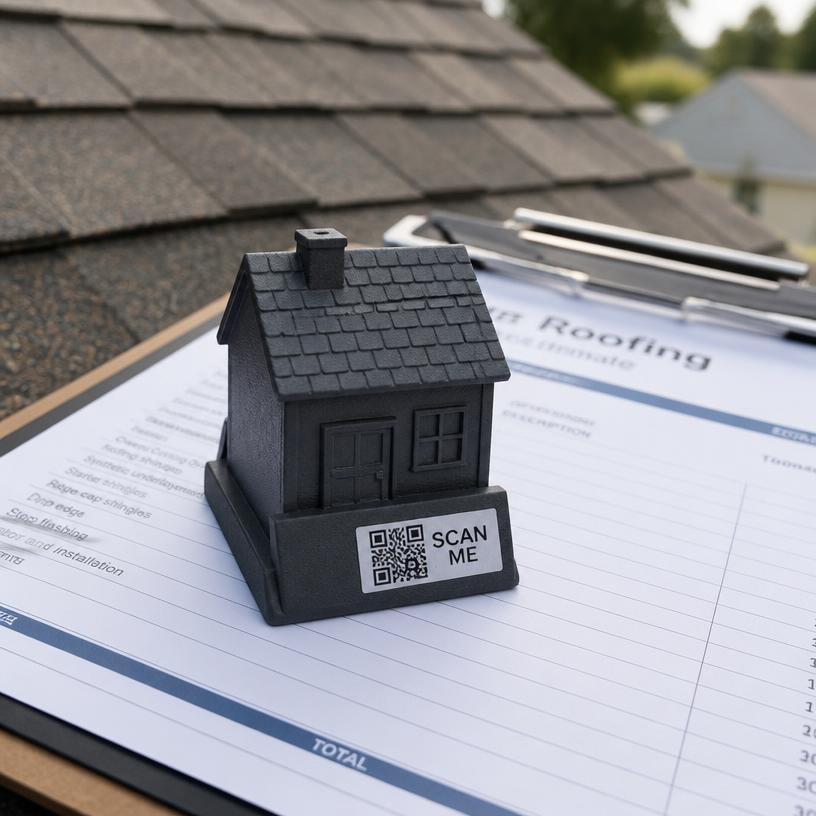 Miniature roofed house with a SCAN ME QR base