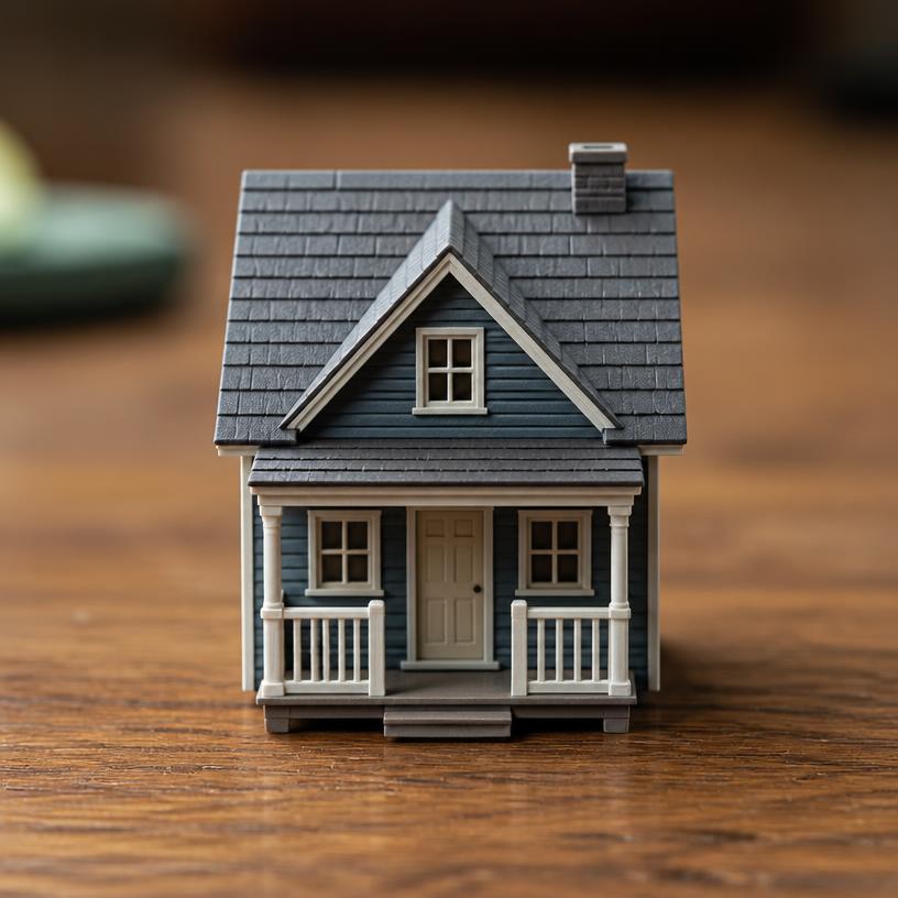 Miniature roofed house — a tiny freestanding Scanature with the QR code hidden on its underside