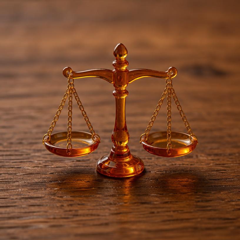 Miniature scales of justice — a tiny freestanding Scanature with the QR code hidden on its underside