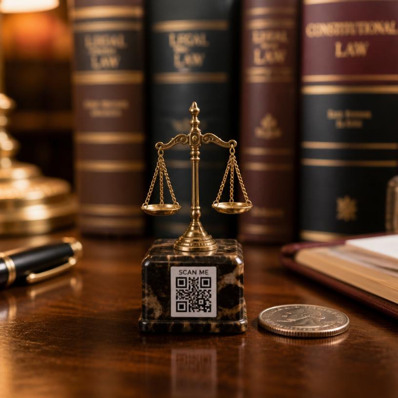 Miniature scales of justice with a SCAN ME QR base