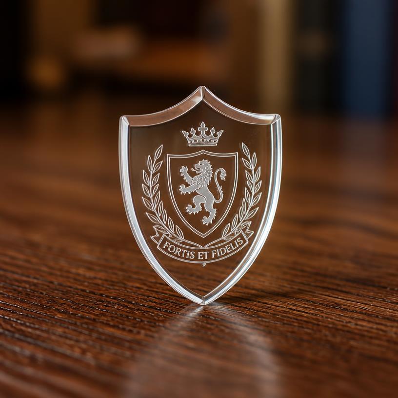 Miniature shield — a tiny freestanding Scanature with the QR code hidden on its underside
