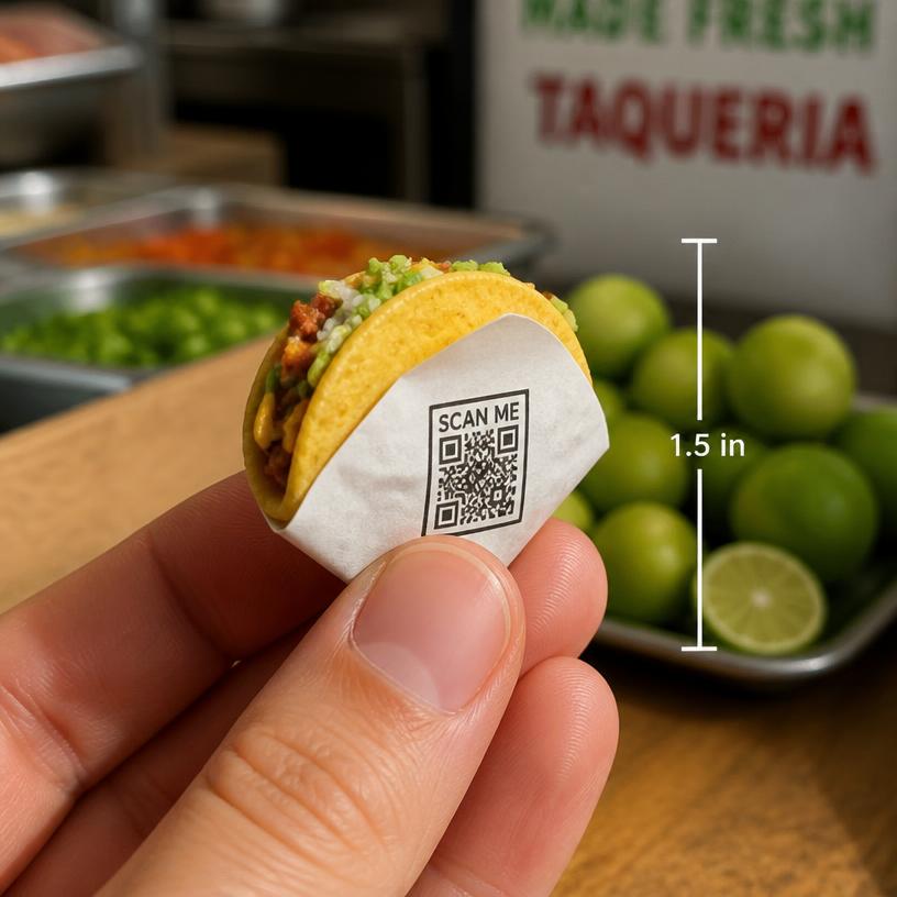Miniature taco with a SCAN ME QR base